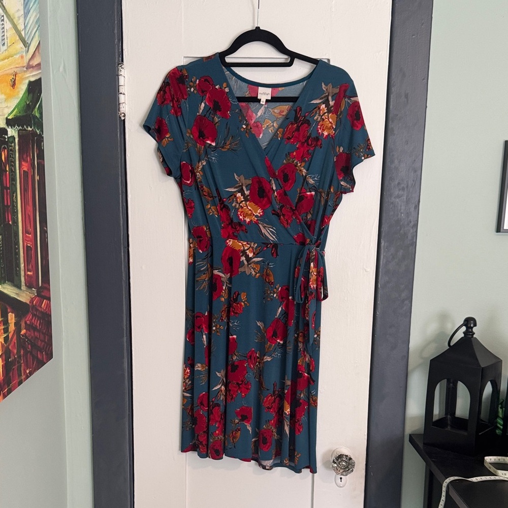 Floral Wrap Dress in Teal and Red - size L